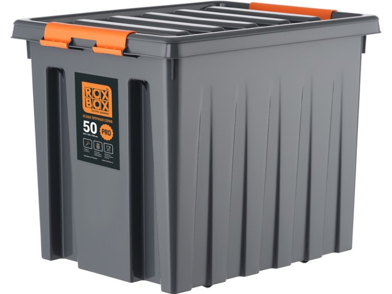 Контейнер особопрочный Rox Box PRO 50 (500х390х390 мм с крышкой и клипсами, на роликах, антрацит) купить в Сыктывкаре